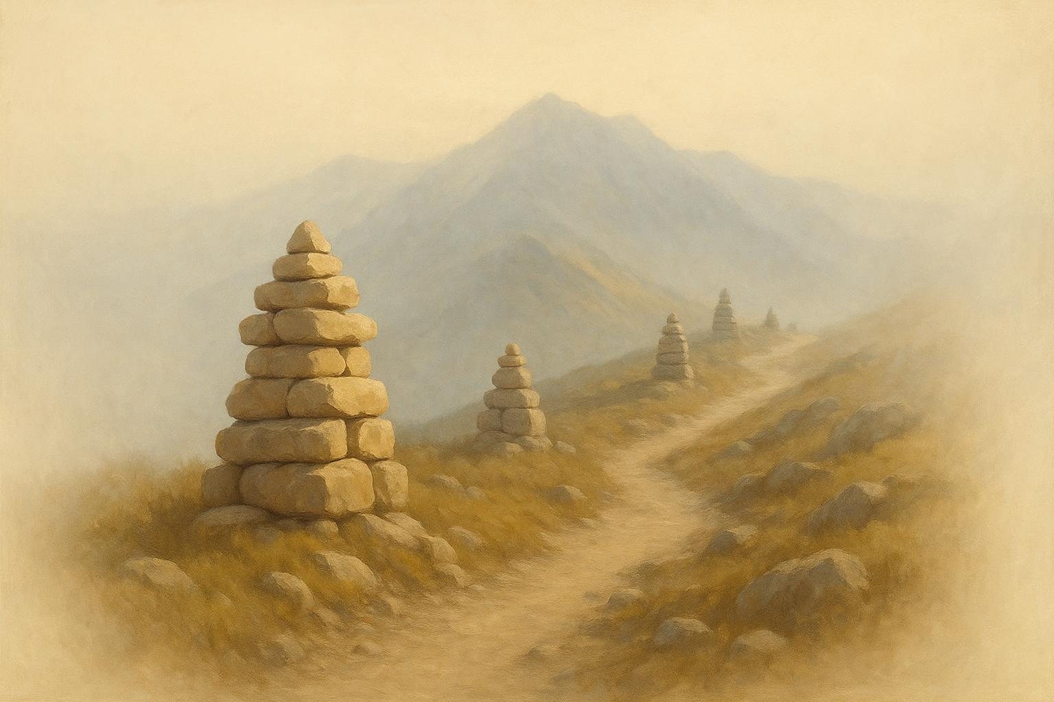A line of stone cairns receding into morning mist along a ridge path, each marking the way to the next.